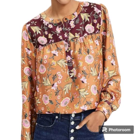Loft Mixed Print Floral Henley Blouse Size Medium - Picture 2 of 13